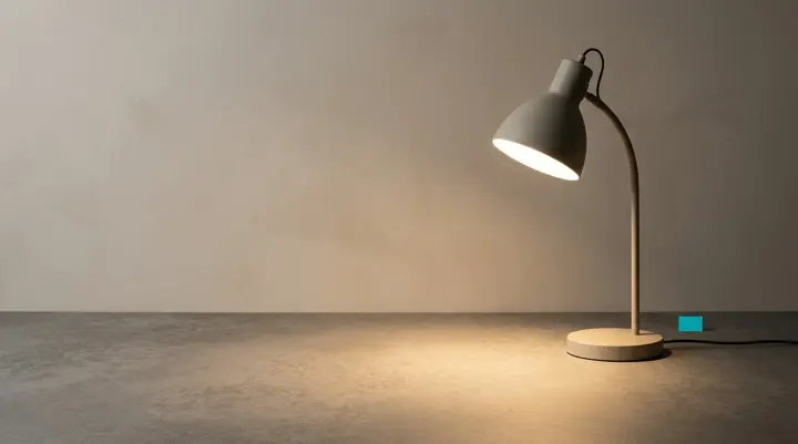Lys skrivebordslampe med buet arm og rund fod, der kaster en varm lyskegle ned på en betonbordplade