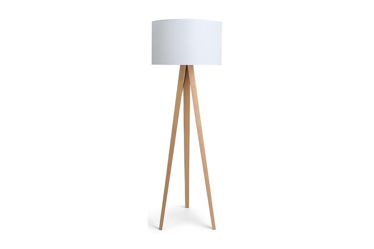 Silvanus Floor tripod-gulvlampe i lyst asketræ med stor tekstilskærm